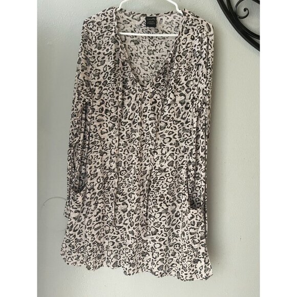 Catalina Womens Leopard Print Long Sleeve Tunic Top Sz 1X/16W Drawstring Pockets - Picture 1 of 9